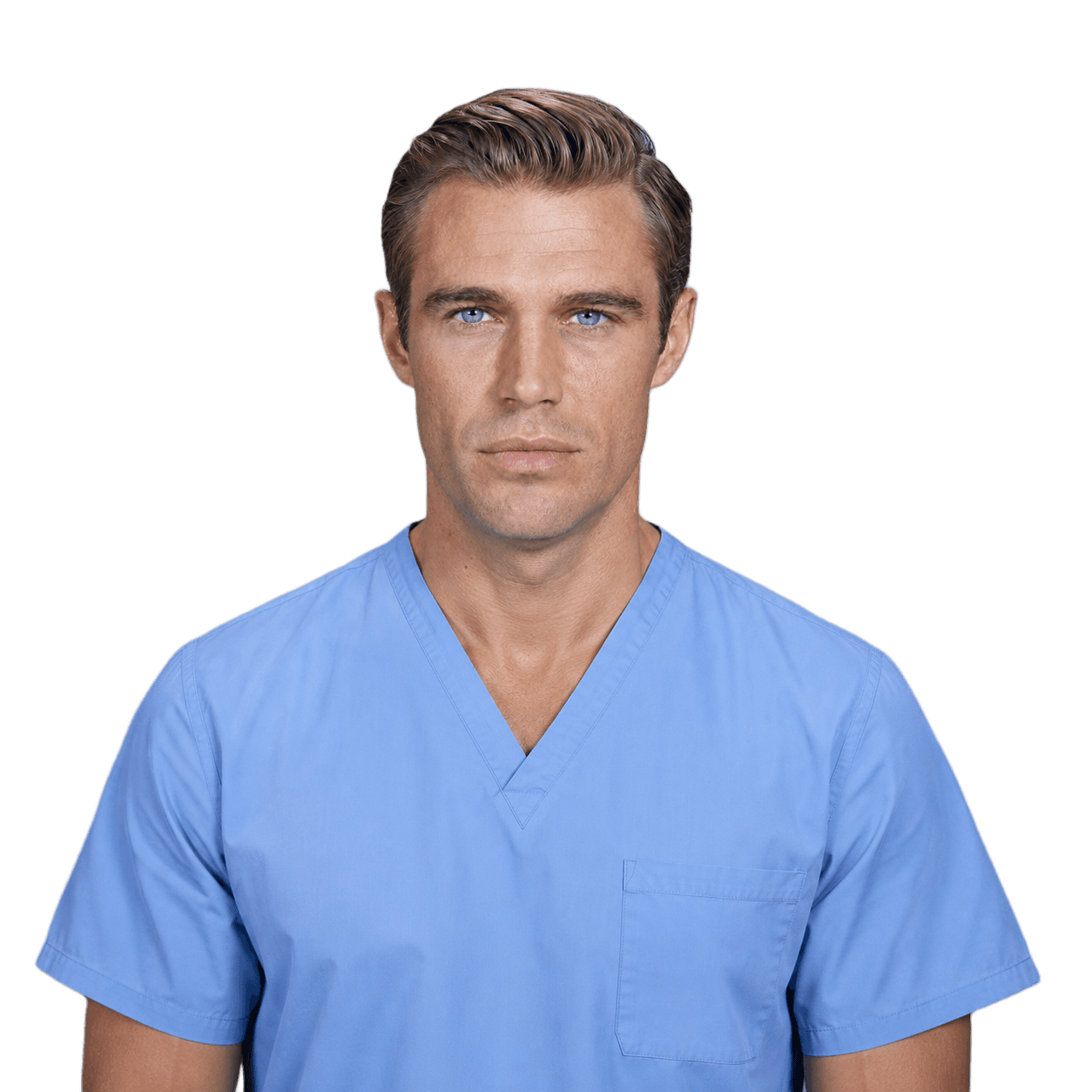 Front-facing portrait of a fair-haired man in blue scrubs before the Healthmaxxing protocol