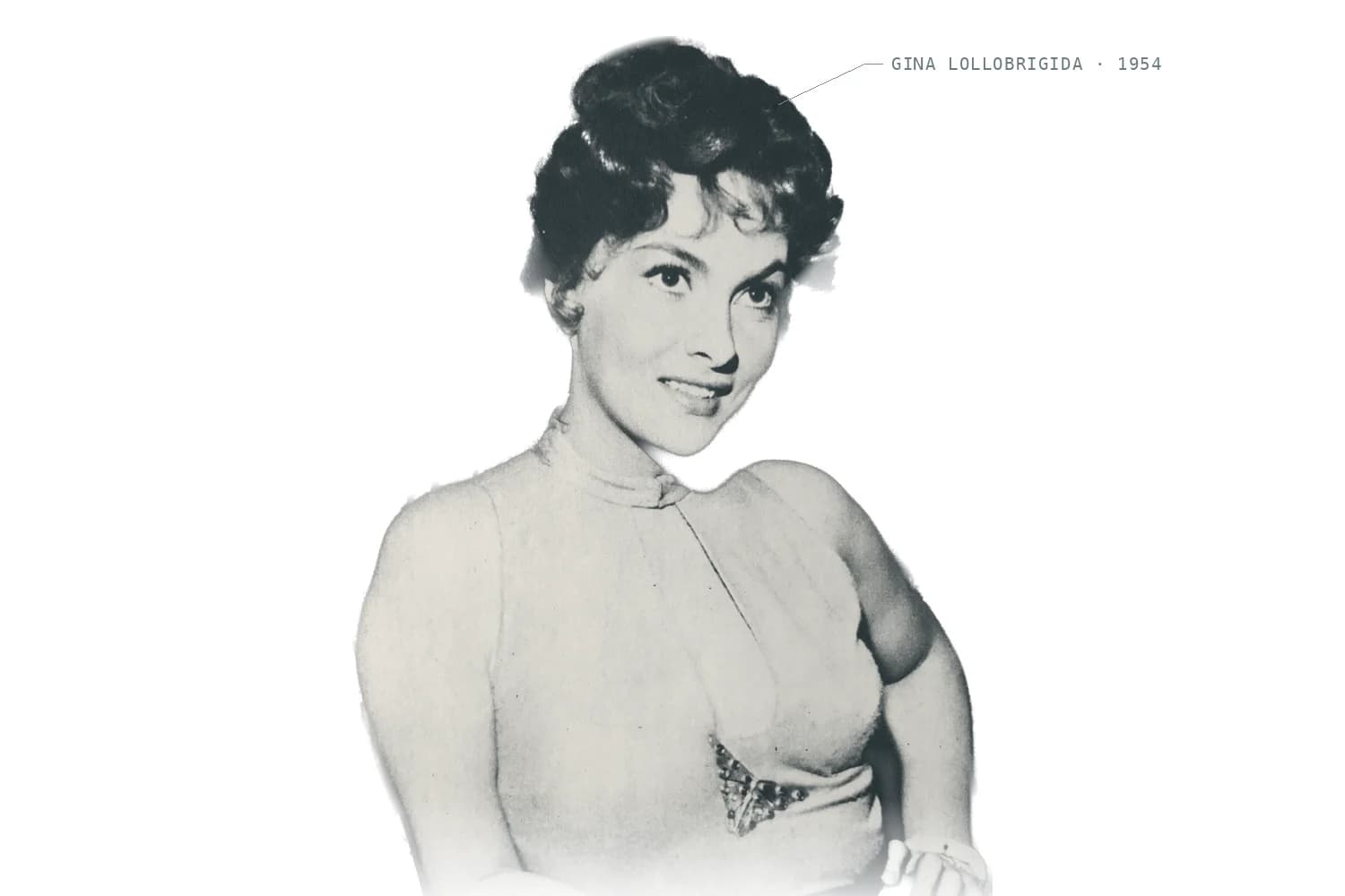 Cut-out 1954 black-and-white photograph of Gina Lollobrigida smiling in a fitted halter top