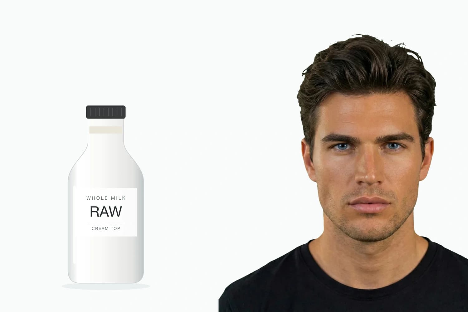 Whole milk bottle beside a dark-haired man in a black shirt
