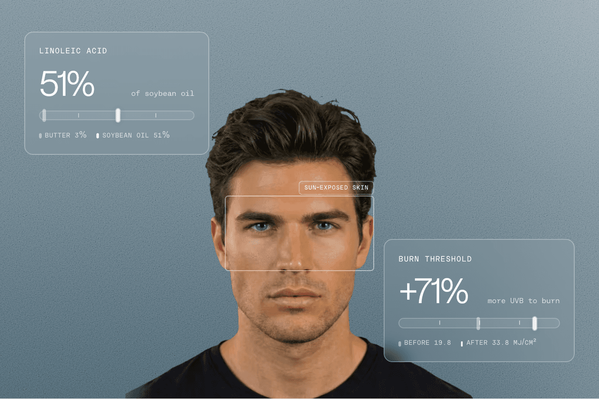 Man on a slate backdrop with glass tiles: soybean oil is 51% linoleic acid, and the burn threshold rose 71%