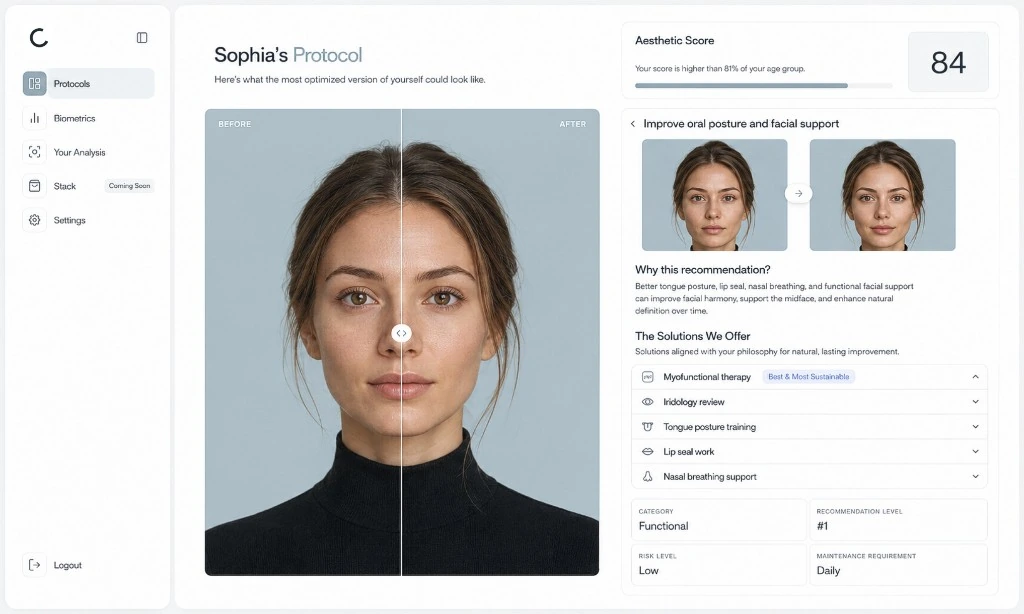 Sophia's protocol dashboard with before and after analysis, aesthetic score, and recommendations