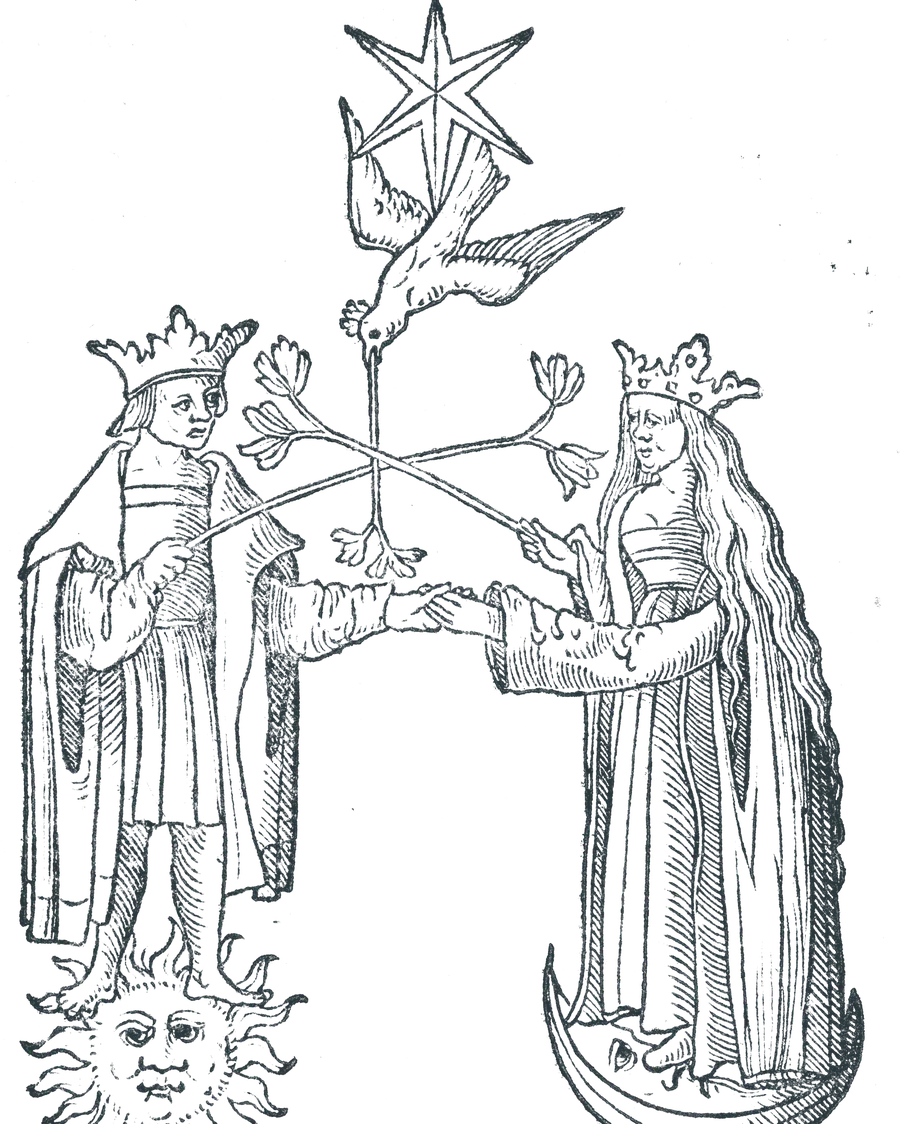 1550 woodcut from the Rosarium philosophorum: a crowned king standing on the sun and a crowned queen standing on the moon join hands under a dove and a star, holding crossed flowering branches