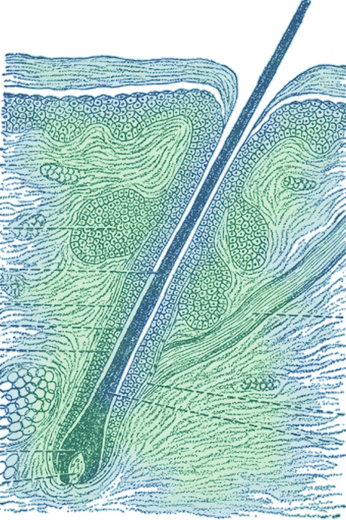 Watercolour-tinted Gray's Anatomy engraving of a section of skin with a hair growing from its follicle, with leader lines to six parts